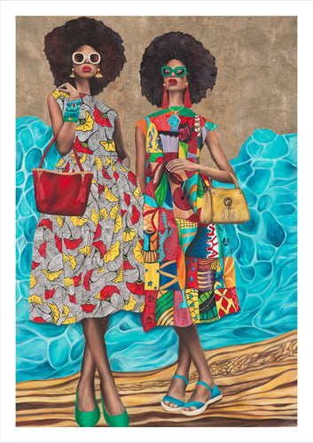 Miss Meraki Design, Fine Art Limited Edition Print by New Zealand artist Rachel Campbell. Caribbean Sunset is inspired by a fusion of Caribbean fashion, culture, colour and pattern. The background symbolises the patterns of tigers eye and Larimar Stones, commonly found in the Caribbean. Only 25 prints availabe.
