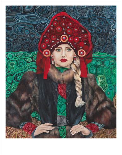 Miss Meraki Design, Limited Edition Print by New Zealand artist Rachel Campbell. This painting is a fusion of traditional and modern dress in Russia. Incorporated into this piece is the pattern of the gemstone Malachite. Tanyushka comes from the Russian  folktale 'the malachite box'. Only 25 limited edition prints available