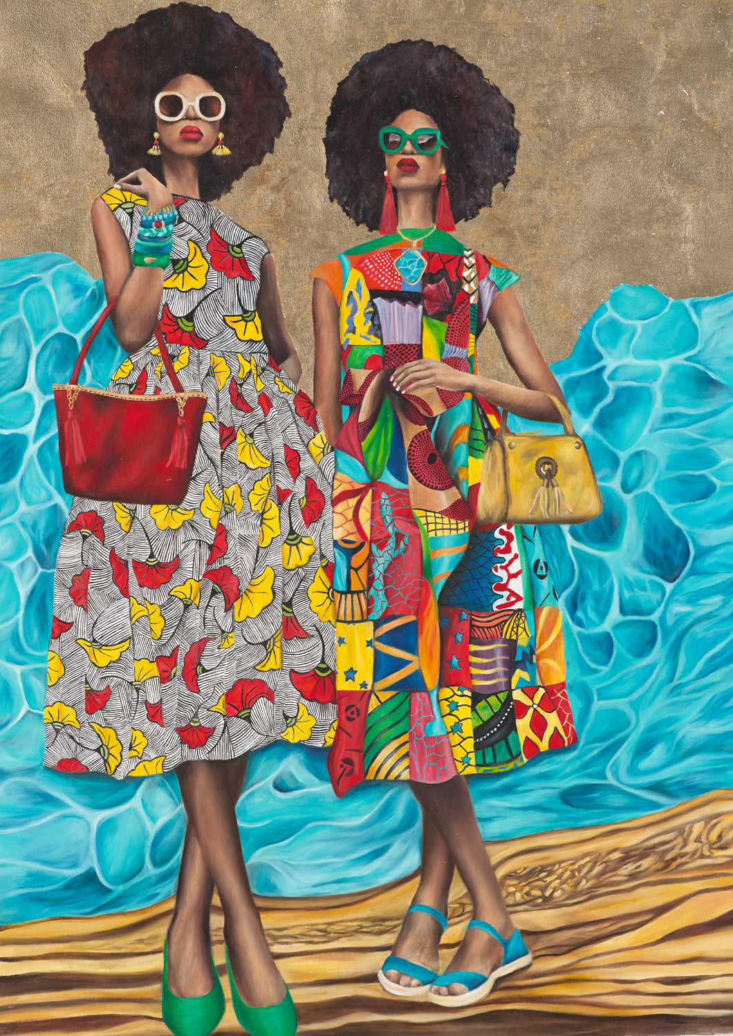 Miss Meraki Design, Original Oil and Gold leaf painting by New Zealand artist Rachel Campbell. This painting represents Caribbean fashion and the modern woman.