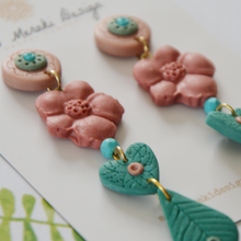 Load image into Gallery viewer, Miss Meraki Design Jasmine Earrings. These turquoise, pink and green earrings are handmade using Polymer Clay and a variety of beads. They are colourful earrings with a Bohemian Luxury vibe. They are unique and one of a kind wearable pieces of art, handmade in Melbourne by New Zealand artist Rachel Campbell. 