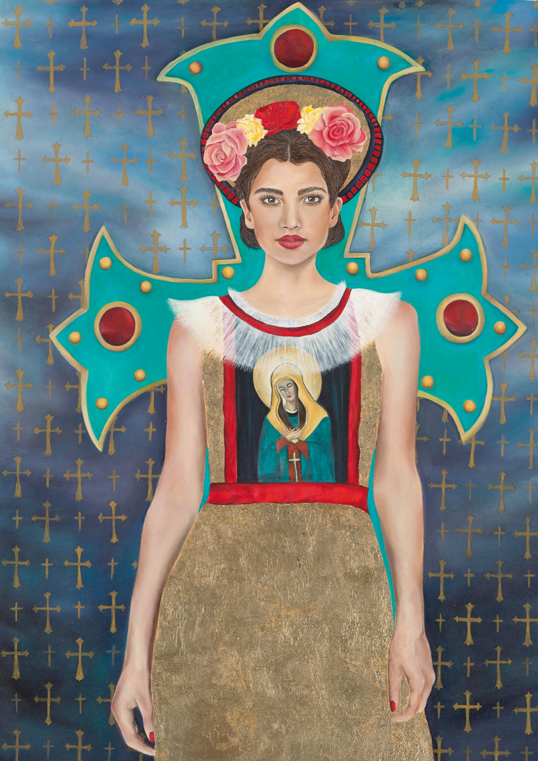 Miss Meraki Design, Original Oil and Gold leaf painting by New Zealand artist Rachel Campbell. This artwork represents a modern woman in mexico and the dominant faith of Catholicism.