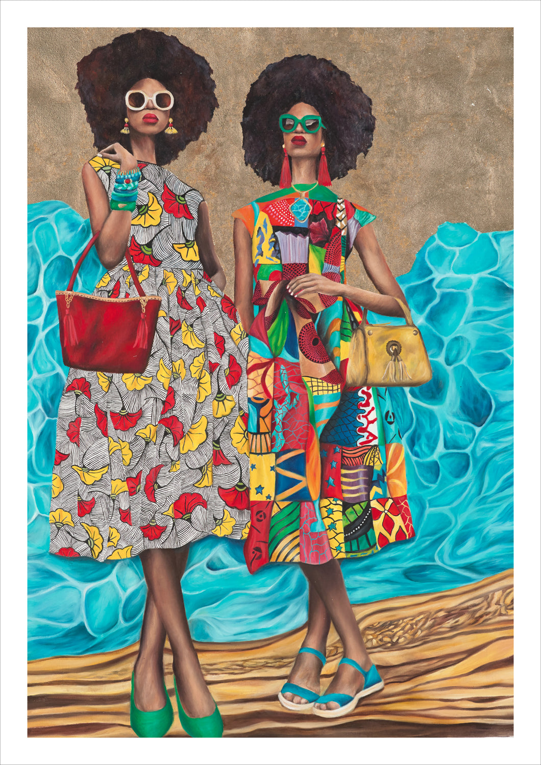 Miss Meraki Design, Fine Art Limited Edition Print by New Zealand artist Rachel Campbell. Caribbean Sunset is inspired by a fusion of Caribbean fashion, culture, colour and pattern. The background symbolises the patterns of tigers eye and Larimar Stones, commonly found in the Caribbean. Only 25 prints availabe.