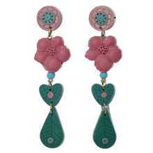 Load image into Gallery viewer, Miss Meraki Design Jasmine Earrings. These turquoise, pink and green earrings are handmade using Polymer Clay and a variety of beads. They are colourful earrings with a Bohemian Luxury vibe. They are unique and one of a kind wearable pieces of art, handmade in Melbourne by New Zealand artist Rachel Campbell. 