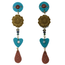 Load image into Gallery viewer, Miss Meraki Design Lacey  Earrings. These turquoise, gold and brown earrings are handmade using Polymer Clay and a variety of beads. They are colourful earrings with a Bohemian Luxury vibe. They are unique and one of a kind wearable pieces of art, handmade in Melbourne by New Zealand artist Rachel Campbell. 