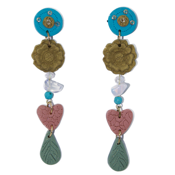Miss Meraki Design Layla Earrings. These turquoise, pink, green and gold earrings are handmade using Polymer Clay and a variety of beads. They are colourful earrings with a Bohemian Luxury vibe. They are unique and one of a kind wearable pieces of art, handmade in Melbourne by New Zealand artist Rachel Campbell. 