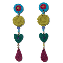 Load image into Gallery viewer, Miss Meraki Design Tallulah  Earrings. These turquoise, yellow, magenta and green earrings are exclusively handmade using Polymer Clay and a variety of beads. They are colourful earrings with a Bohemian Luxury vibe. They are unique and one of a kind wearable pieces of art, handmade in Melbourne by New Zealand artist Rachel Campbell. 