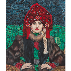 Miss Meraki Design, Tanyushka, Original oil painting on canvas, 1000mm x 870mm by New Zealand artist Rachel Campbell. Inspied by traditional Russian dress and the modern woman. The bakground is the vibrant and detailed patterns of the malachite stone, commonly found in Russia