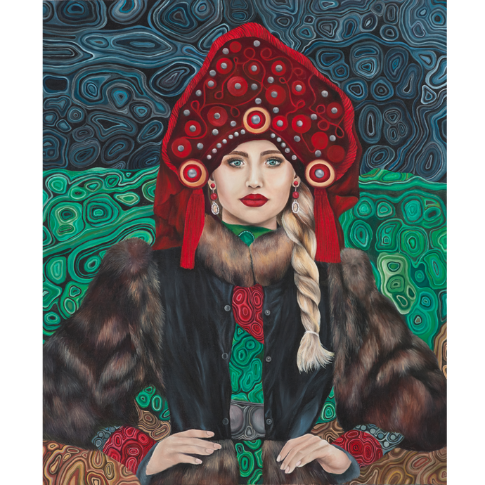 Miss Meraki Design, Tanyushka, Original oil painting on canvas, 1000mm x 870mm by New Zealand artist Rachel Campbell. Inspied by traditional Russian dress and the modern woman. The bakground is the vibrant and detailed patterns of the malachite stone, commonly found in Russia