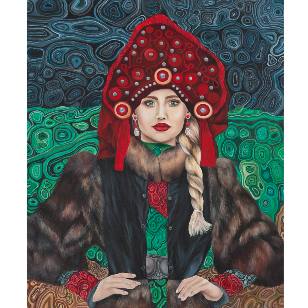 Miss Meraki Design, Tanyushka, Original oil painting on canvas, 1000mm x 870mm by New Zealand artist Rachel Campbell. Inspied by traditional Russian dress and the modern woman. The bakground is the vibrant and detailed patterns of the malachite stone, commonly found in Russia