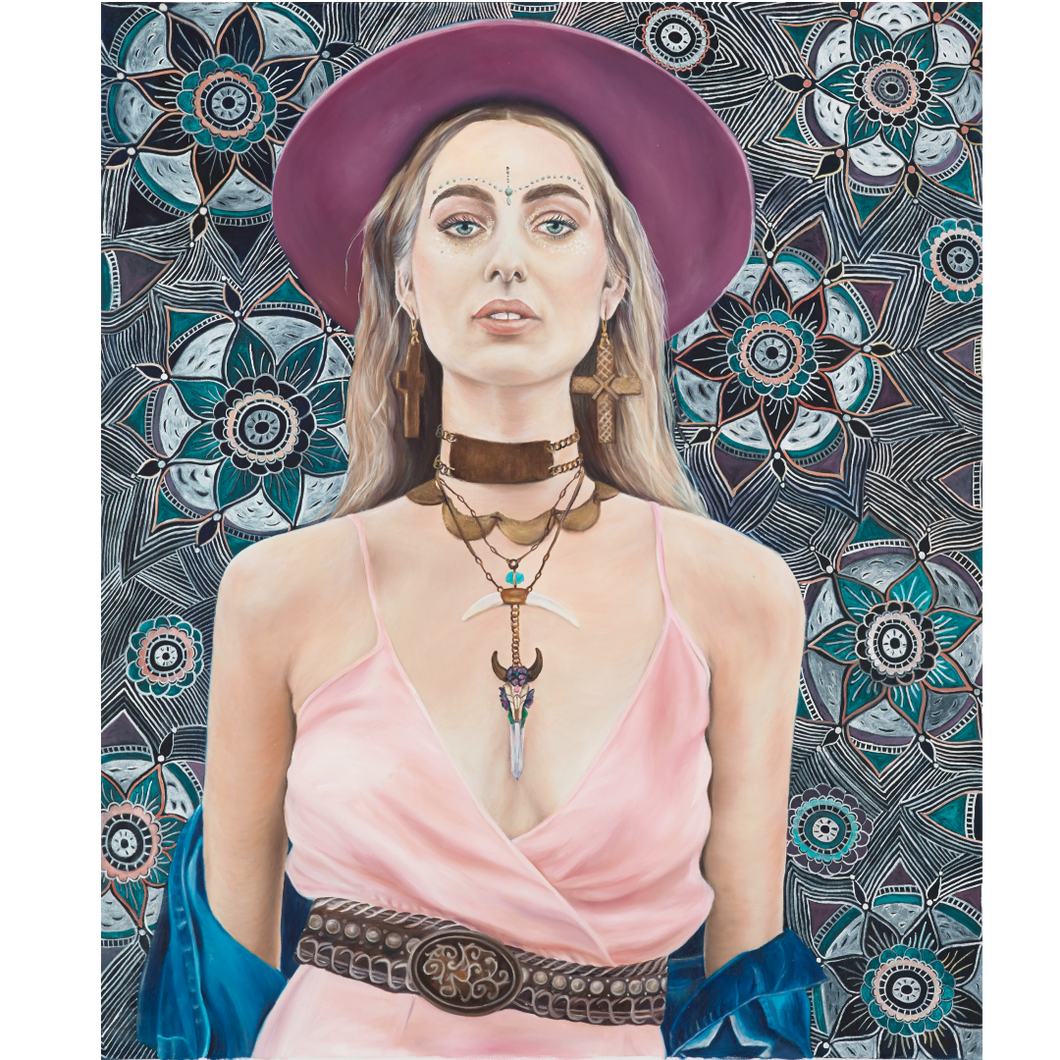 Miss Meraki Design, Original Oil Painting on Canvas by New Zealand artist Rachel Campbell. This artwork is a celebration of festival fashion and the modern woman. Inspired by Coachella and the luxury bohemian vibe.